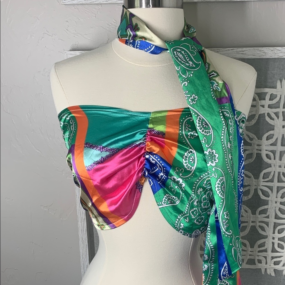 Shein bandeau top with matching tie/scarf/belt size small mixed print satin